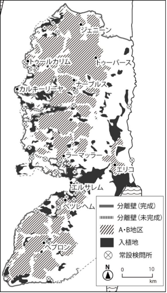 地図2　ヨルダン川西岸地区の統治状況　（初出）浜中新吾編『イスラエル・パレスチナ』ミネルヴァ書房（2020年）