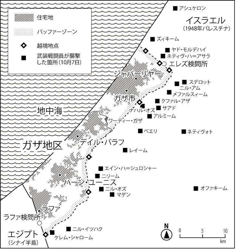 地図3　ガザ地区と周辺地域 （出所）UN OCHA, BBC, The Wall Street Journalなどを参考に筆者作成