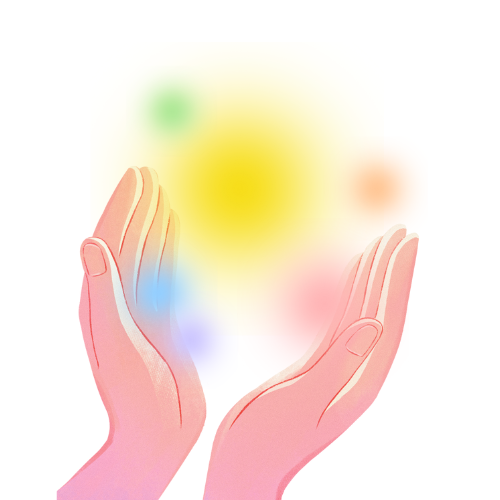 女性の痛みのロゴ。温かい光を手で包む絵。