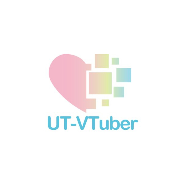 VTuber愛好会のロゴ
右側が大きさの違う正方形で覆われた淡い色でカラフルなハート
その下には水色でUT-Vtuberの文字
